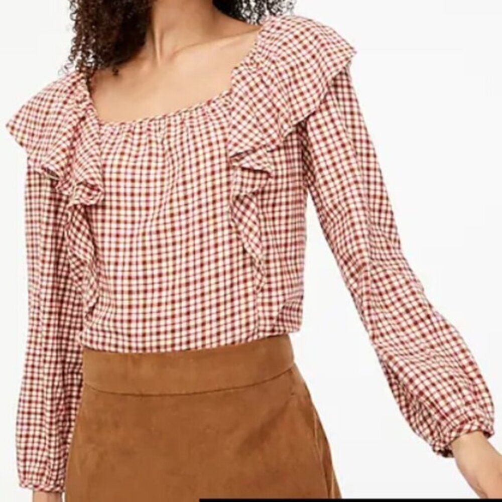 J CREW WOMEN'S FLANNEL SQUARENECK COTTON RUFFLE TOP